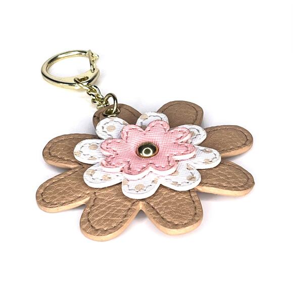 VTG FLOWER KEYCHAIN 5" Key Ring Gold Clip for Handbag Fob Simulated Leather Pink - Picture 2 of 4